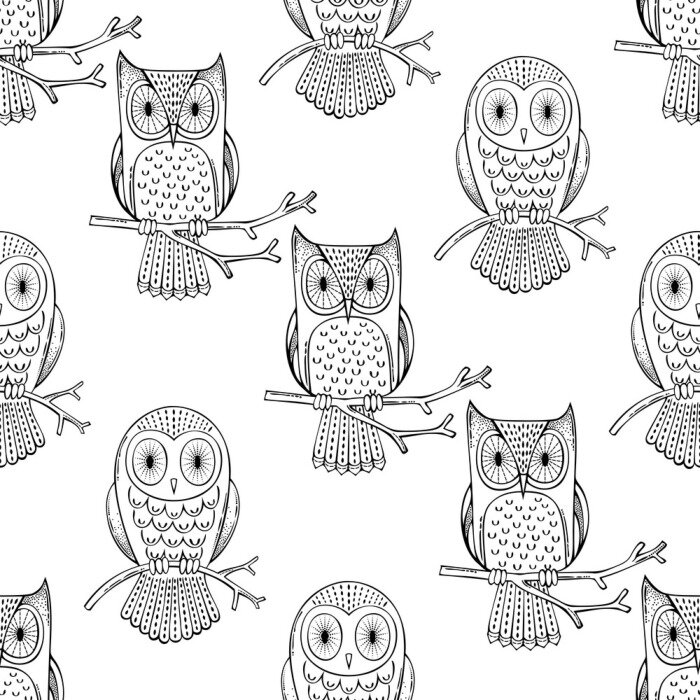 Behang Getekende zwart-witte uilen
