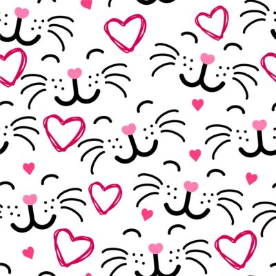 Behang Gezichten van katten en roze hartjes
