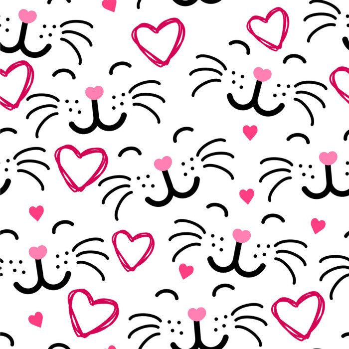 Behang Gezichten van katten en roze hartjes