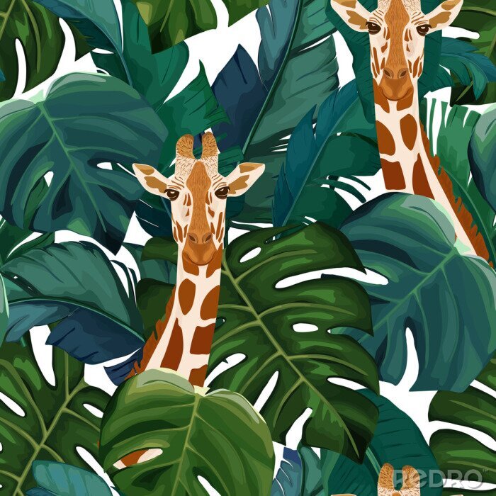 Behang Giraf tussen tropische bladeren