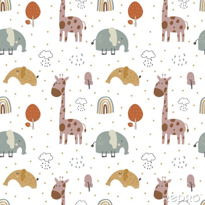 Behang giraffe and  elephant baby cute seamless pattern