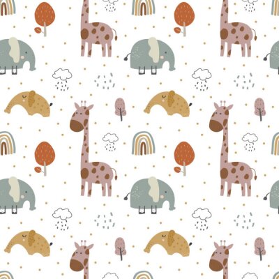 Behang giraffe and  elephant baby cute seamless pattern