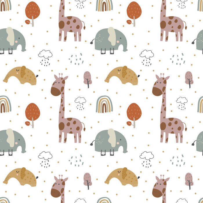 Behang giraffe and  elephant baby cute seamless pattern