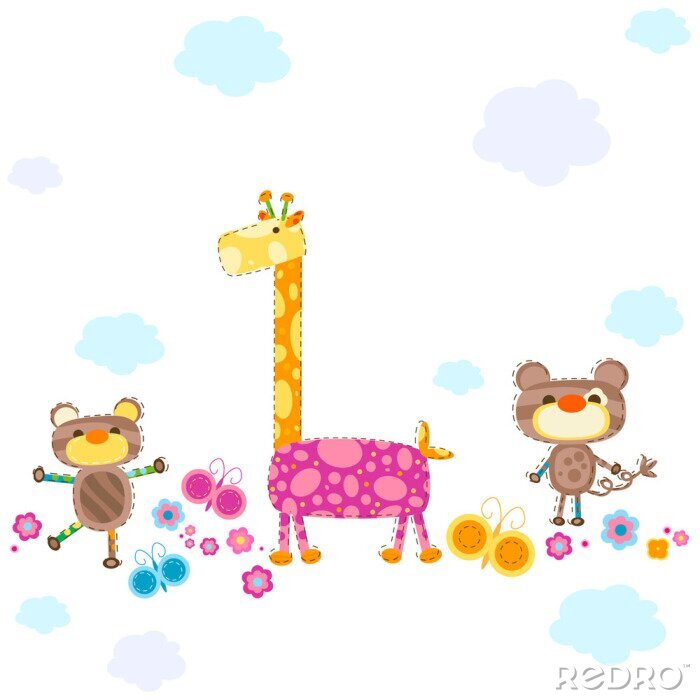 Behang Giraffe en apen veelkleurige kinderillustratie