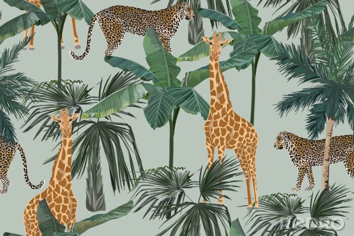 Behang Giraffen en luipaarden tussen palmbomen