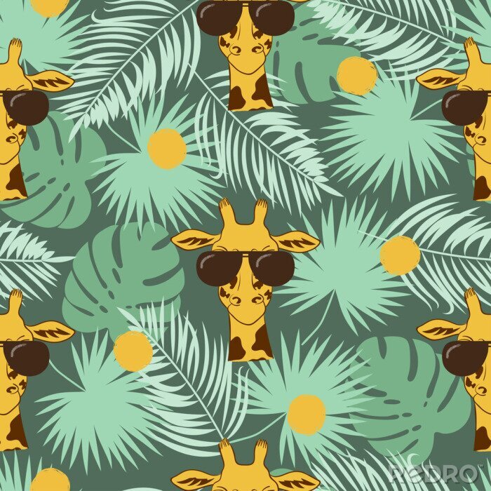 Behang Giraffen tussen palmbladeren