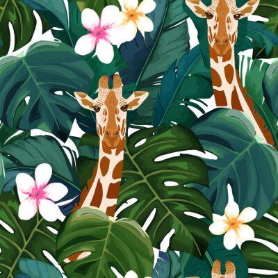 Behang Giraffen tussen tropische bladeren en bloemen