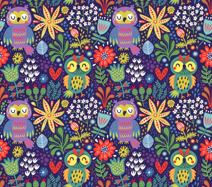 Behang Girly uilen omgeven door bloemen