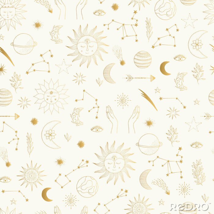 Behang Gold foil pattern with cute hand drawn sun, planet, moon star. Mystic solar design. Vector illustration.