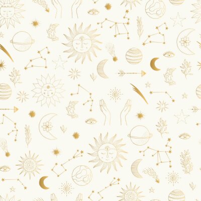 Behang Gold foil pattern with cute hand drawn sun, planet, moon star. Mystic solar design. Vector illustration.