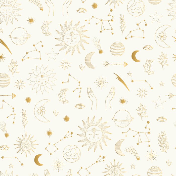 Behang Gold foil pattern with cute hand drawn sun, planet, moon star. Mystic solar design. Vector illustration.