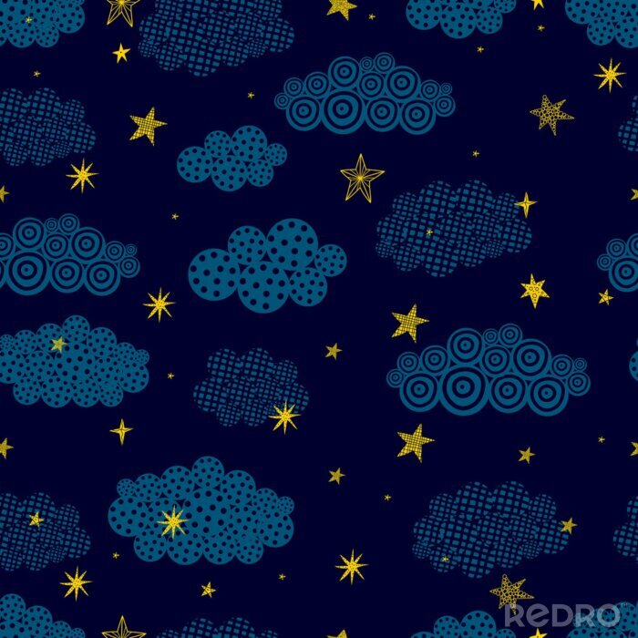 Behang Gold stars and black clouds.. Seamless vector pattern. Seamless pattern can be used for wallpaper, pattern fills, web page background, surface textures.