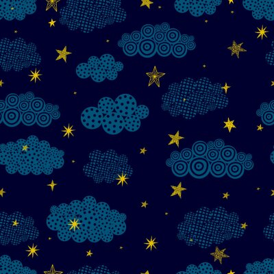 Behang Gold stars and black clouds.. Seamless vector pattern. Seamless pattern can be used for wallpaper, pattern fills, web page background, surface textures.