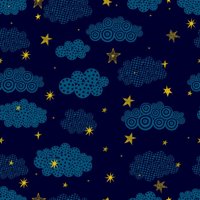 Behang Gold stars and black clouds.. Seamless vector pattern. Seamless pattern can be used for wallpaper, pattern fills, web page background, surface textures.