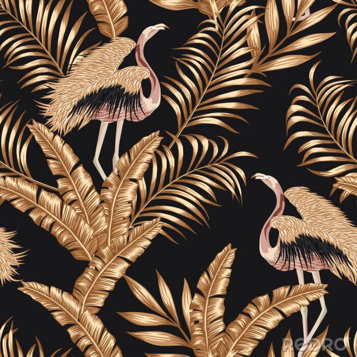 Behang Golden bird flamingo gpld leaves seamless black background