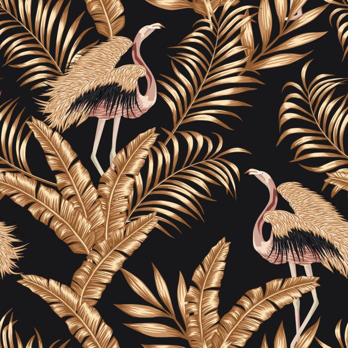 Behang Golden bird flamingo gpld leaves seamless black background