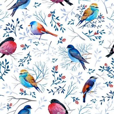 Behang Gouahe seamless pattern with bright birds on branches with leaves