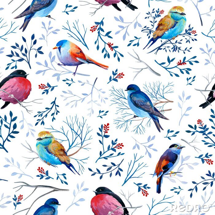 Behang Gouahe seamless pattern with bright birds on branches with leaves