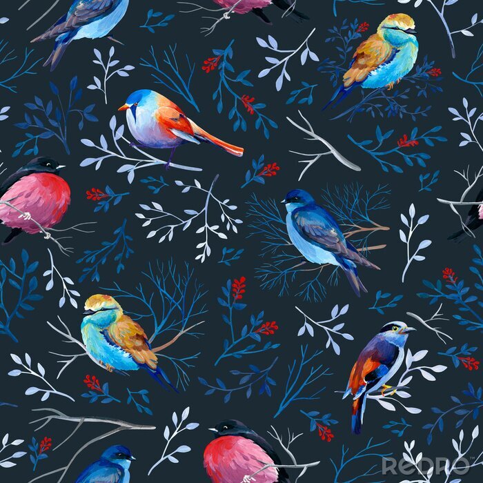 Behang Gouahe seamless pattern with bright birds on branches with leaves on dark background