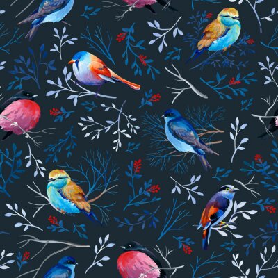 Behang Gouahe seamless pattern with bright birds on branches with leaves on dark background
