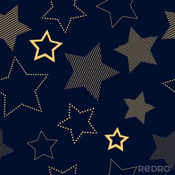 Behang Gouden eenvoudige gestreepte en doted sterren op blauw geometrisch naadloos patroon, vector