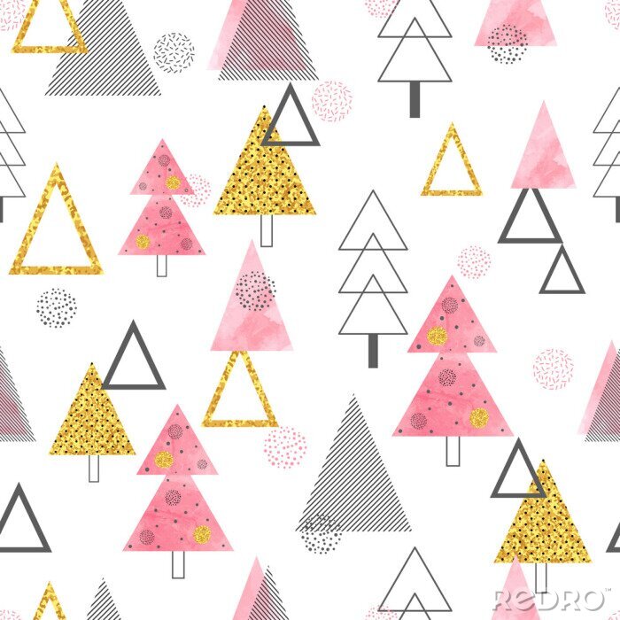 Behang Gouden en roze kerstbomen