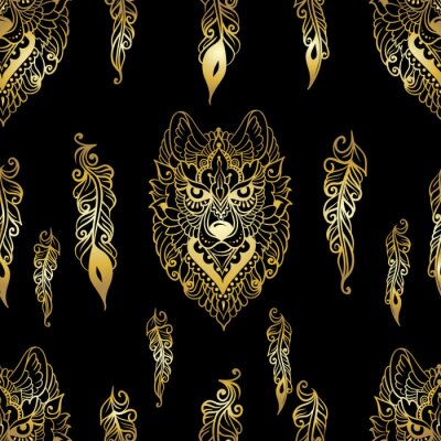 Behang Gouden imitatie wolvenkoppen en veren