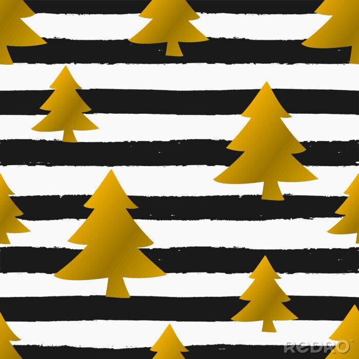 Behang Gouden kerstbomen op zwarte en witte strepen
