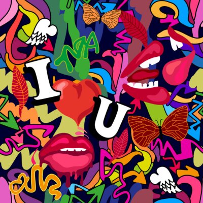 Behang Graffiti met hartjes lippen en belettering