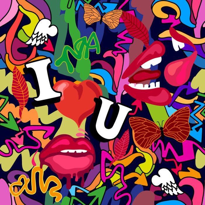 Behang Graffiti met hartjes lippen en belettering