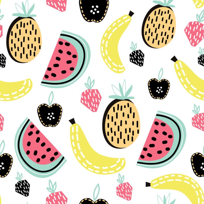 Behang Grafisch fruit watermeloenen ananas aardbeien