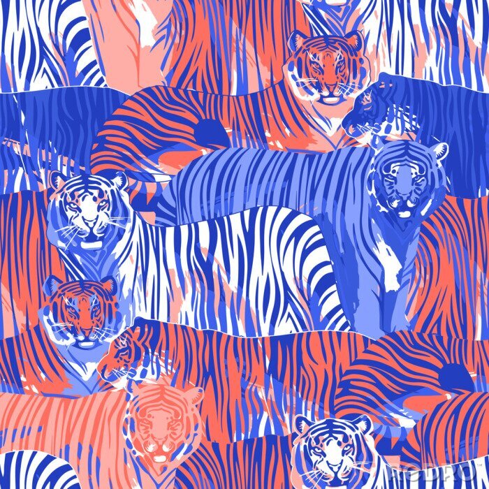 Behang Grafisch naadloos patroon van staande en lopende tijgers.
