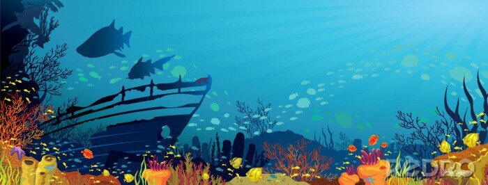 Behang Grafisch panorama van een koraalrif in de oceaan