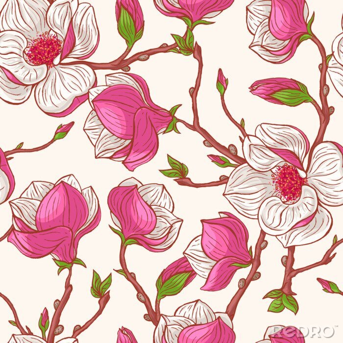 Behang Grafisch patroon met magnolia's