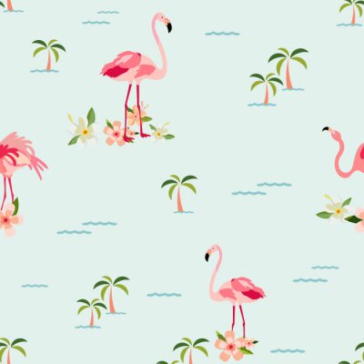 Behang Grafische flamingo's op een patroon met palmbomen