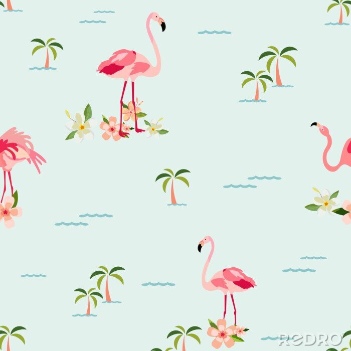 Behang Grafische flamingo's op een patroon met palmbomen