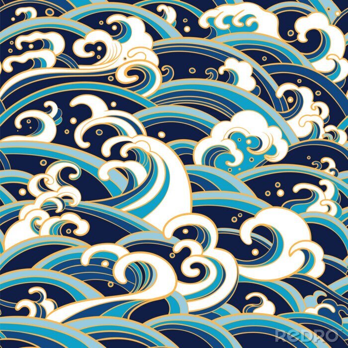 Behang Grafische Japanse blauwe en witte golven