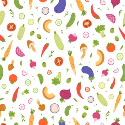 Behang Grafische kleurrijke groenten geheel en gesneden