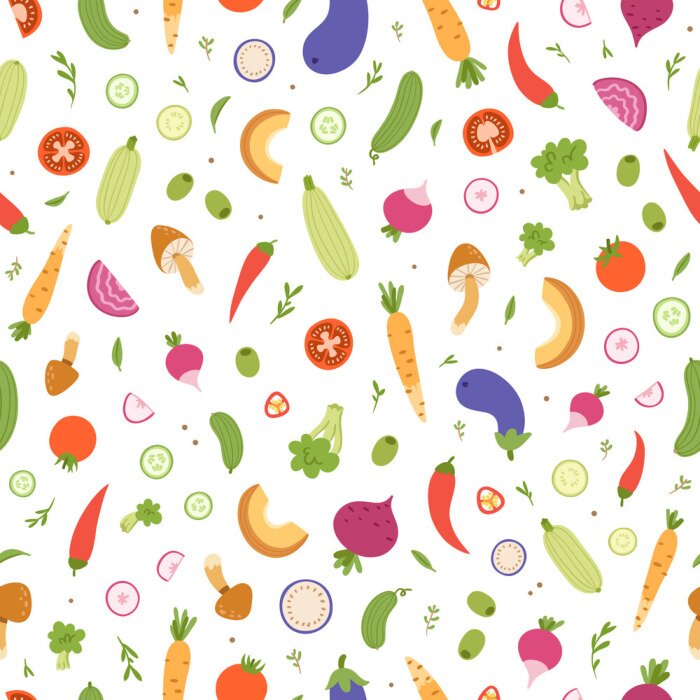 Behang Grafische kleurrijke groenten geheel en gesneden
