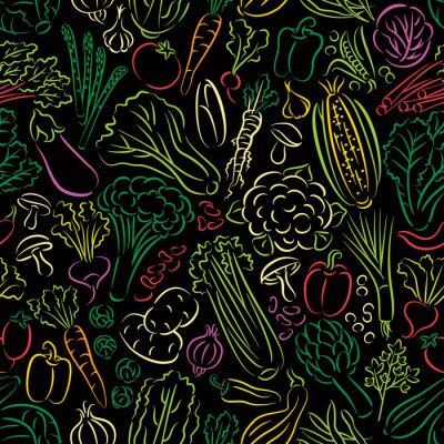 Behang Grafische kleurrijke groenten op een zwarte achtergrond