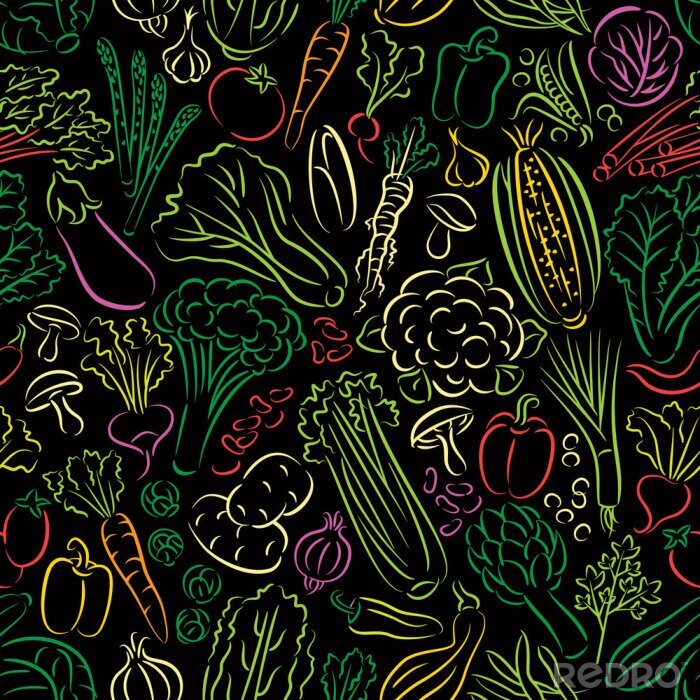 Behang Grafische kleurrijke groenten op een zwarte achtergrond