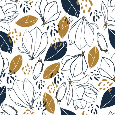 Behang Grafische magnolia bloemen, knoppen, bladeren en jungle spots. Vector trendy naadloze patroon in diepe blauwe en mosterd kleuren.