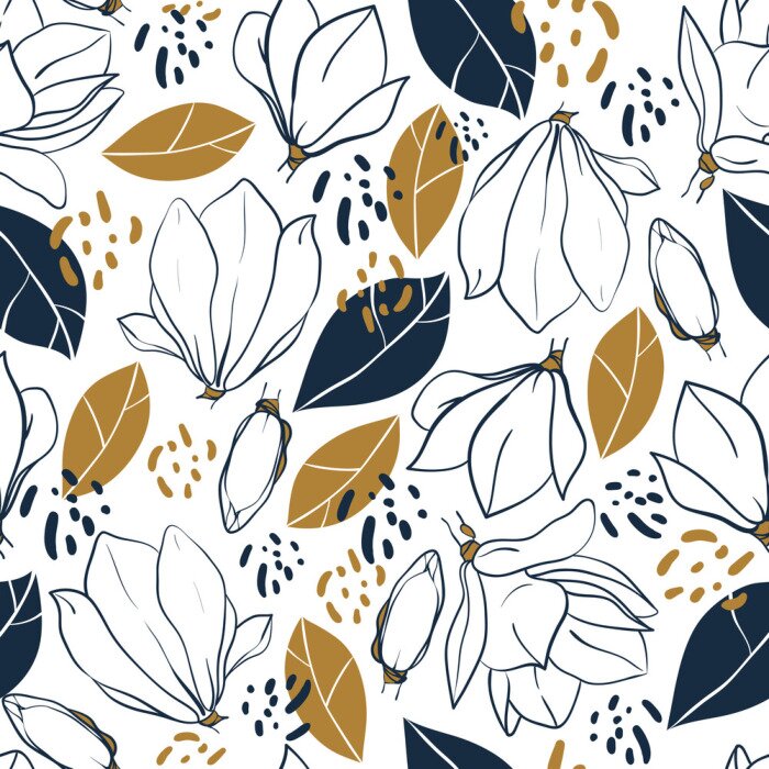 Behang Grafische magnolia bloemen, knoppen, bladeren en jungle spots. Vector trendy naadloze patroon in diepe blauwe en mosterd kleuren.