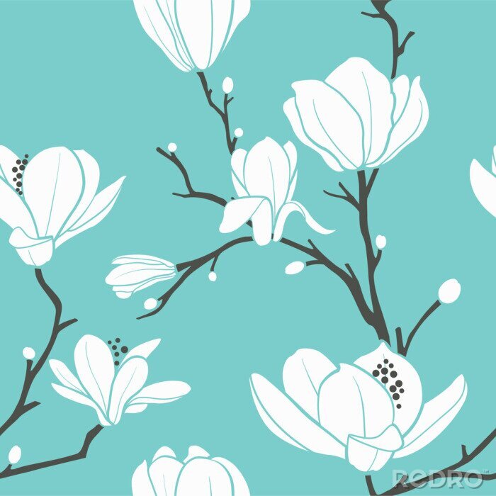 Behang Grafische magnolia op blauwe achtergrond