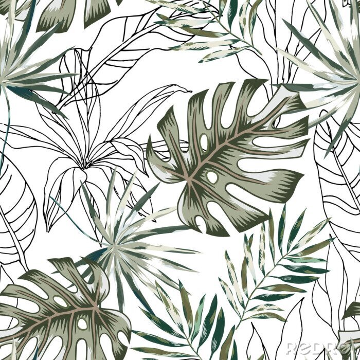 Behang Grafische zwart-witte en groene tropische bladeren