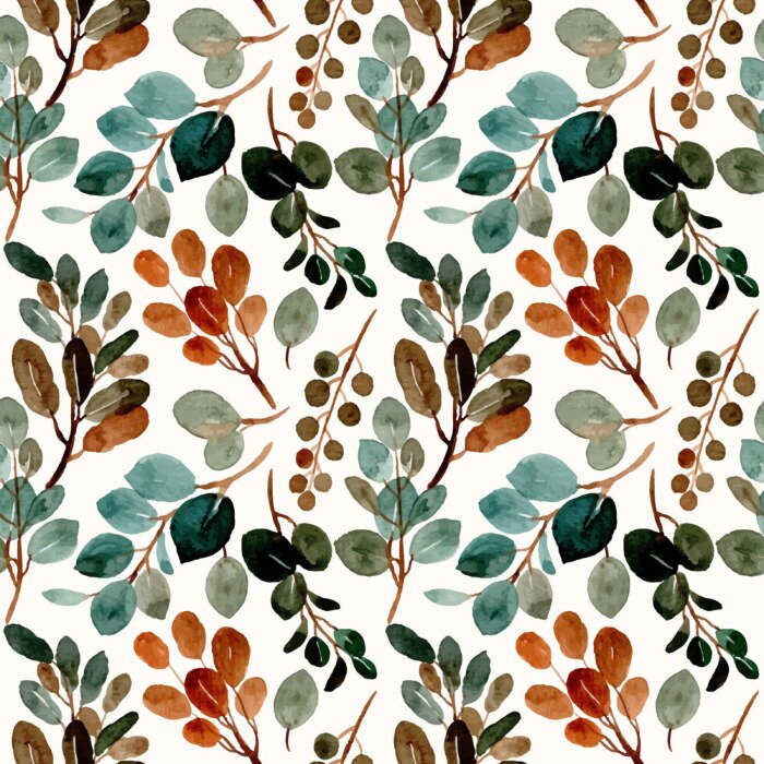 Behang Green leaves seamless pattern with watercolor