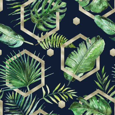 Behang Green tropical palm & fern leaves with gold geometric shapes on black background. Watercolor hand painted seamless pattern. Tropical illustration. Jungle foliage.