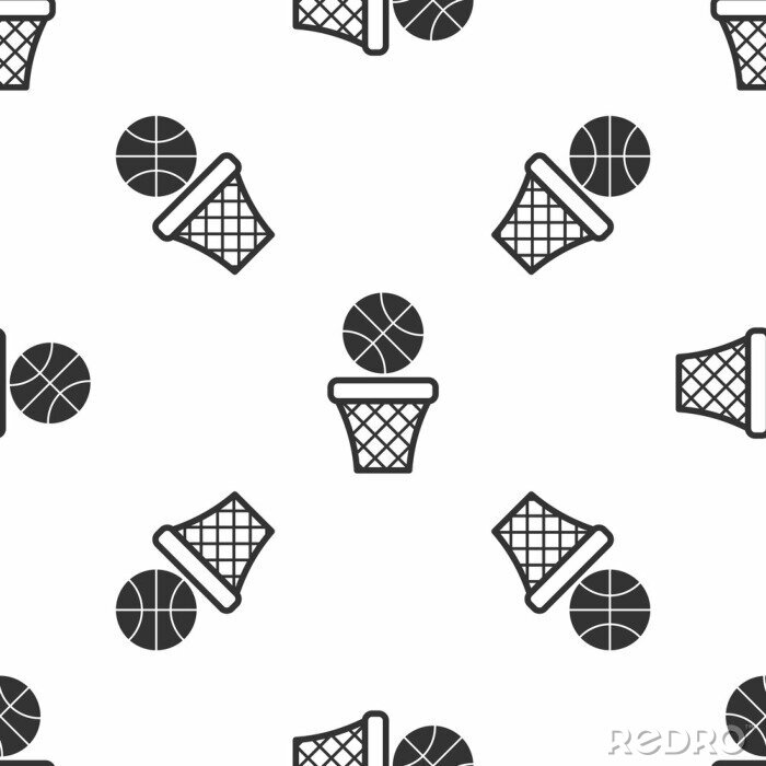 Behang Grey Basketball ball and basket icon isolated seamless pattern on white background. Ball in basketball hoop. Vector Illustration