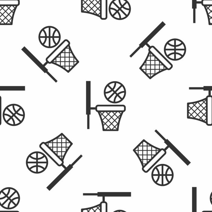 Behang Grey Basketball ball and basket icon isolated seamless pattern on white background. Ball in basketball hoop. Vector Illustration