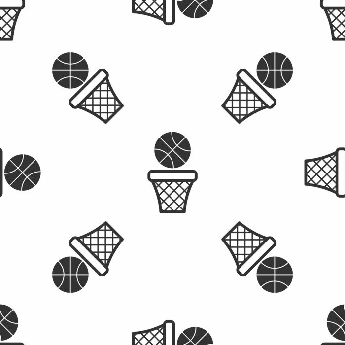 Behang Grey Basketball ball and basket icon isolated seamless pattern on white background. Ball in basketball hoop. Vector Illustration